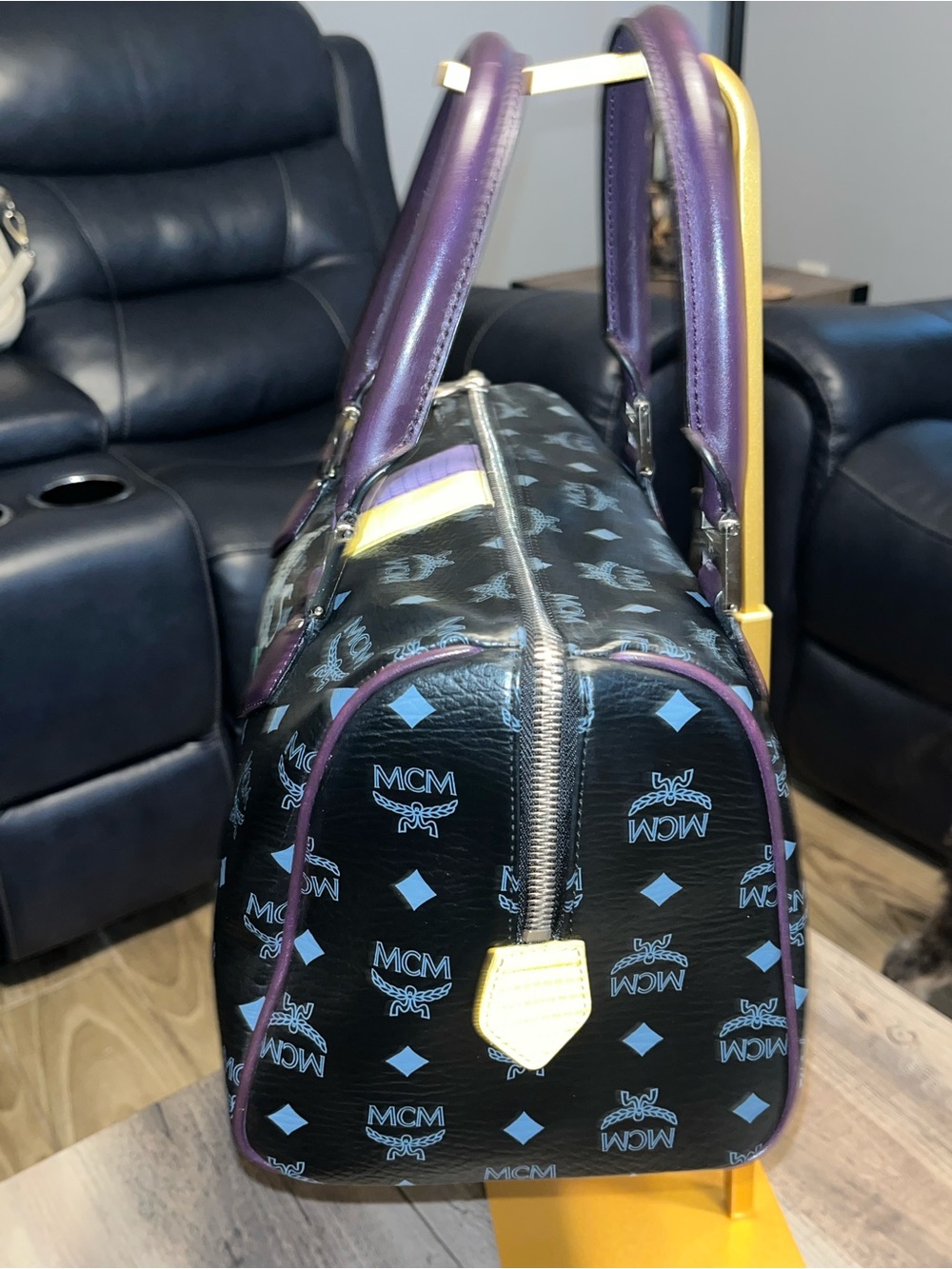 MCM Black monogram Leather Satchel with Purple Handles and Multicolor Patches - Picture 2 of 11